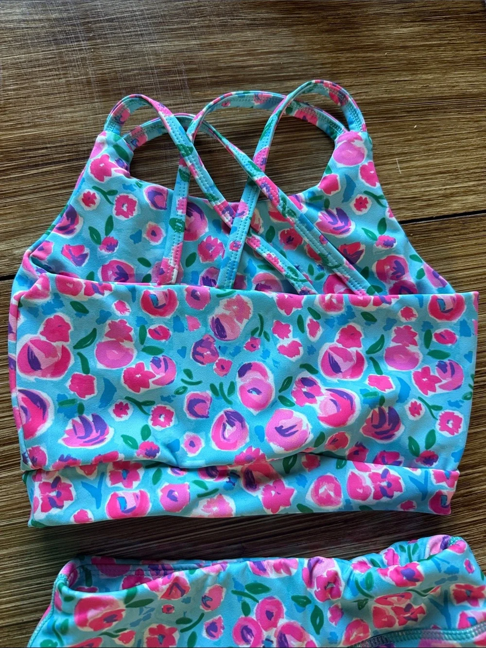Girls' Pink Floral Active Crop Top & Aqua Bike Shorts Set